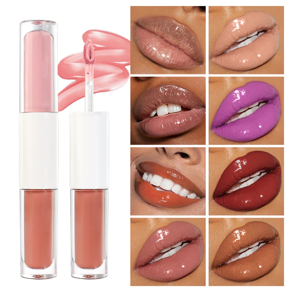48 colors dual ended transparent tube lip gloss waterproof non-stick cup glossy matte 2 in 1 lip gloss