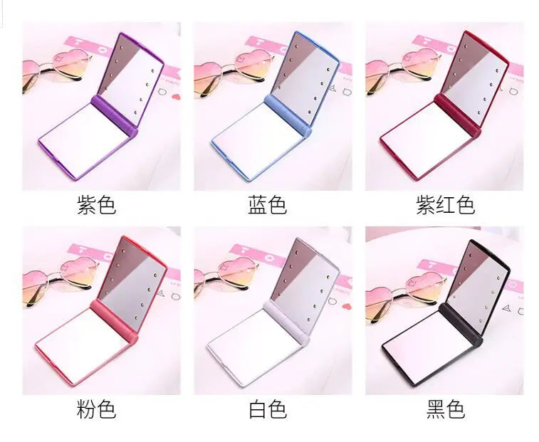 hand held with led light makeup mirror travel folding cosmetic hand compact mirror