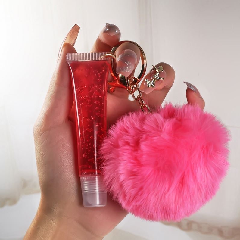 clear lipgloss keychain kit vegan squeeze tube luxury scented glossy pink lip gloss with pompom