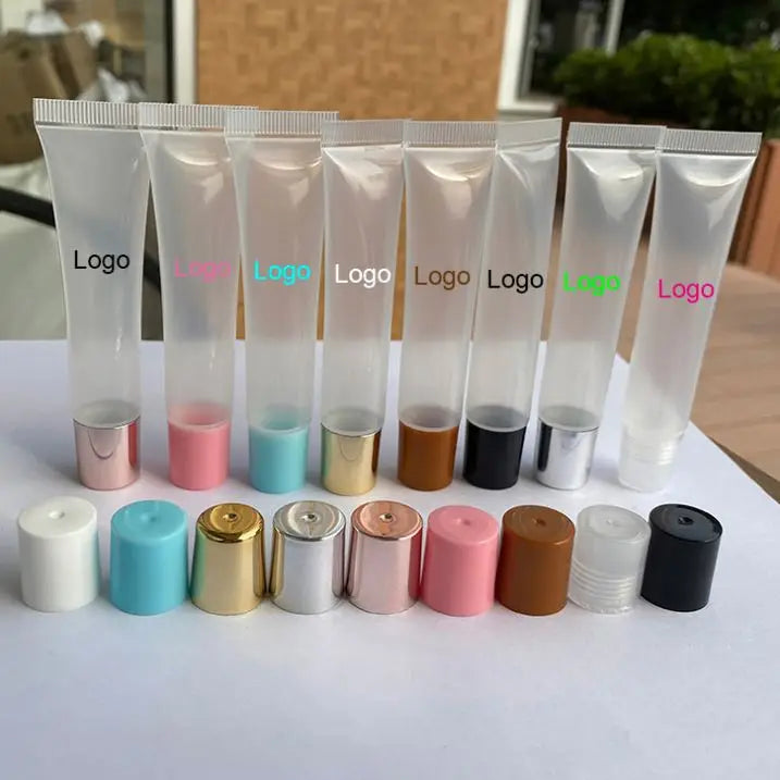 empty 15ml plastic clear lip balm bottle packaging 15 ml lipgloss squeeze tube for lip gloss with gold silver top cap
