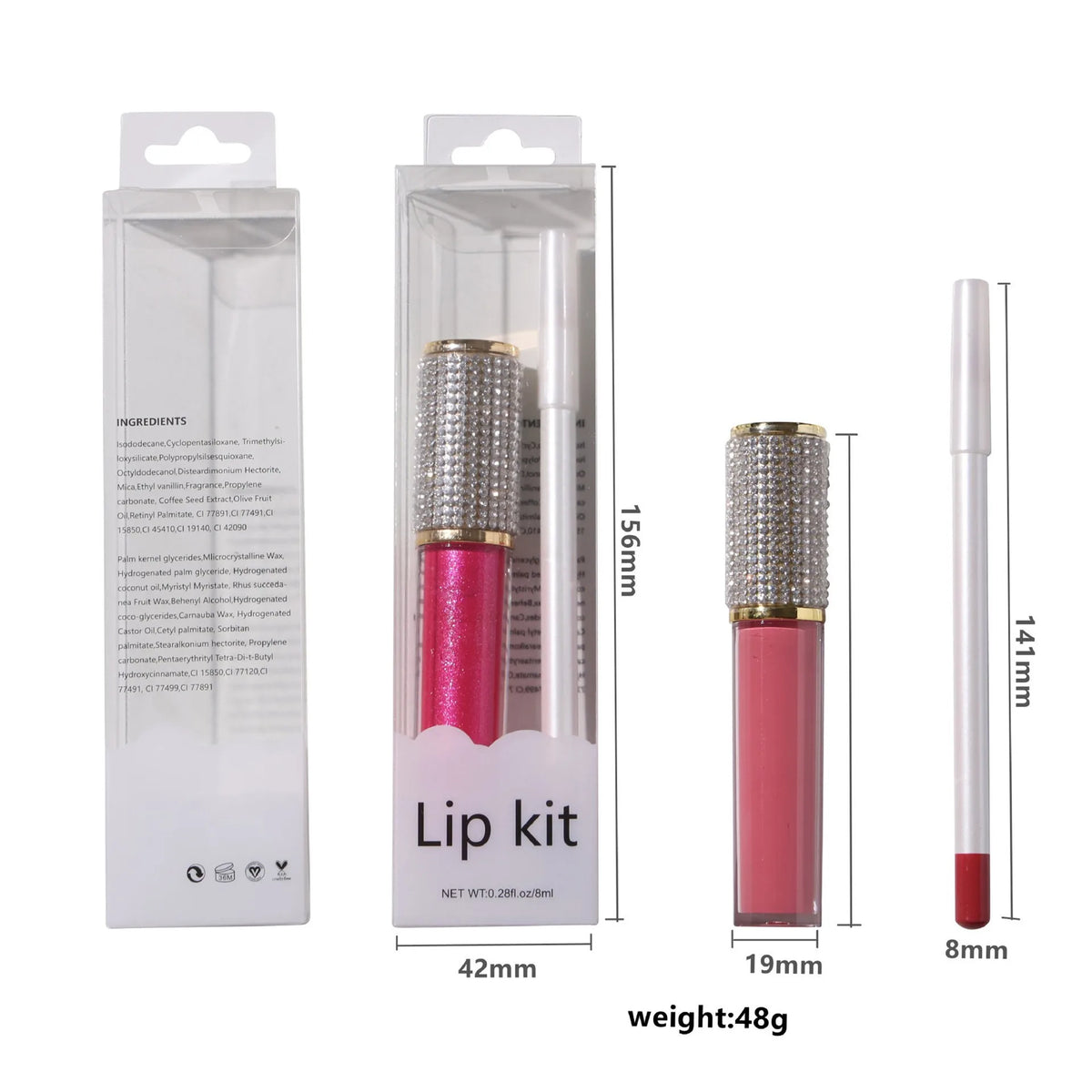multi-color set clear case diamond lip gloss white lip liner pen liquid lipstick 2 in 1 lip kit