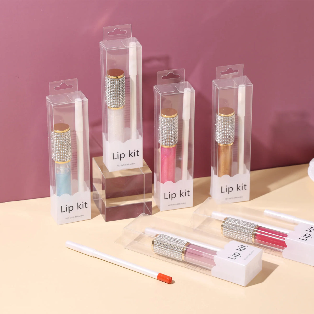 multi-color set clear case diamond lip gloss white lip liner pen liquid lipstick 2 in 1 lip kit