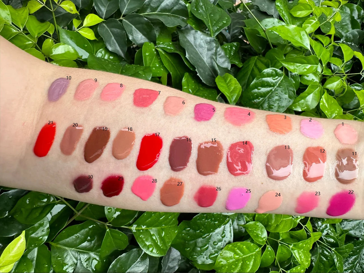 metal tip press glass bottle lip moisturizing liquid nude lipgloss vegan high pigment lip gloss