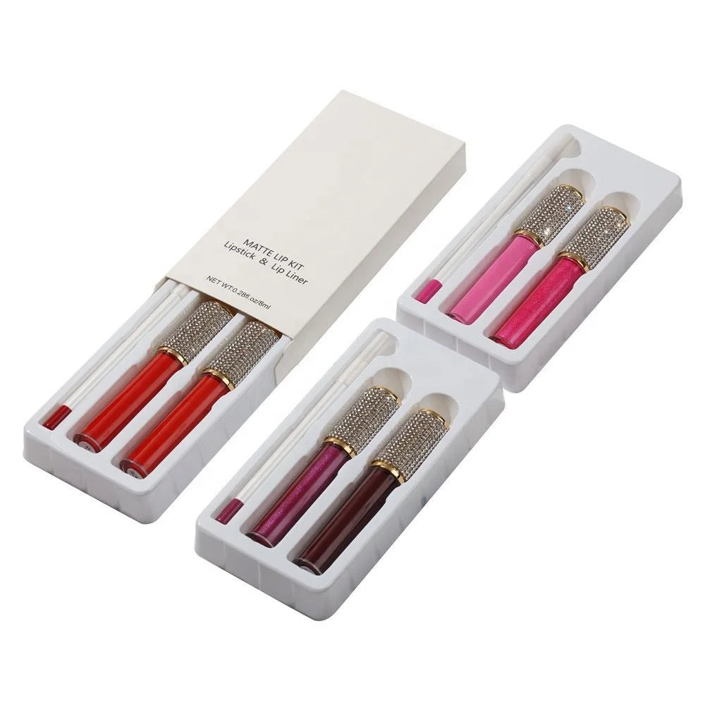 3 in 1 liquid lipstick and lip liner set waterproof lipkit matte lip gloss kit with 2pcs diamond lipgloss tube