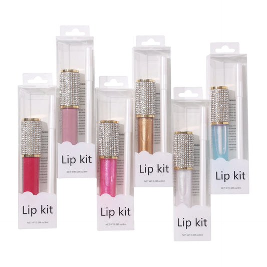multi-color set clear case diamond lip gloss white lip liner pen liquid lipstick 2 in 1 lip kit