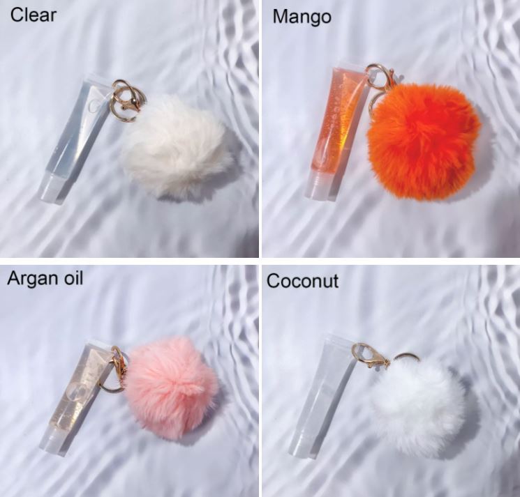 clear lipgloss keychain kit vegan squeeze tube luxury scented glossy pink lip gloss with pompom