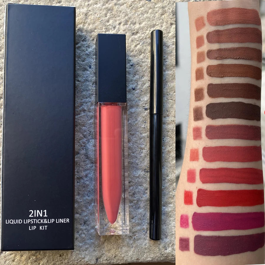 lipstick vegan waterproof matte lip gloss liquid lipstick lip kit lip liner set with pink black package
