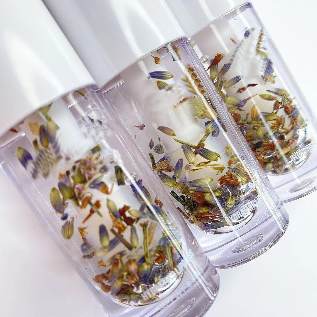dry flower glossy lip oil balm moisturizing hydrating flavoring organic vegan clear pink lipgloss lip gloss