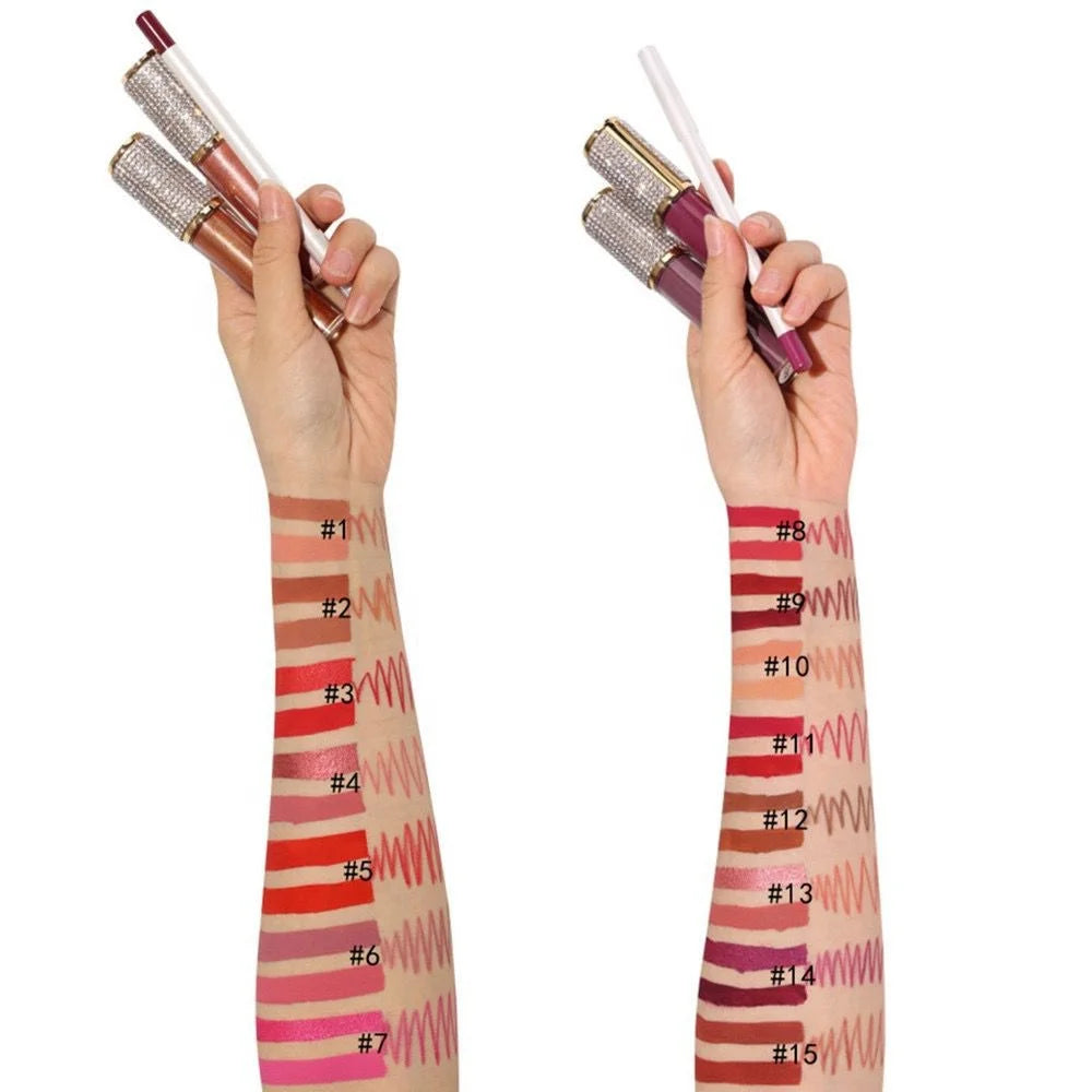 3 in 1 liquid lipstick and lip liner set waterproof lipkit matte lip gloss kit with 2pcs diamond lipgloss tube
