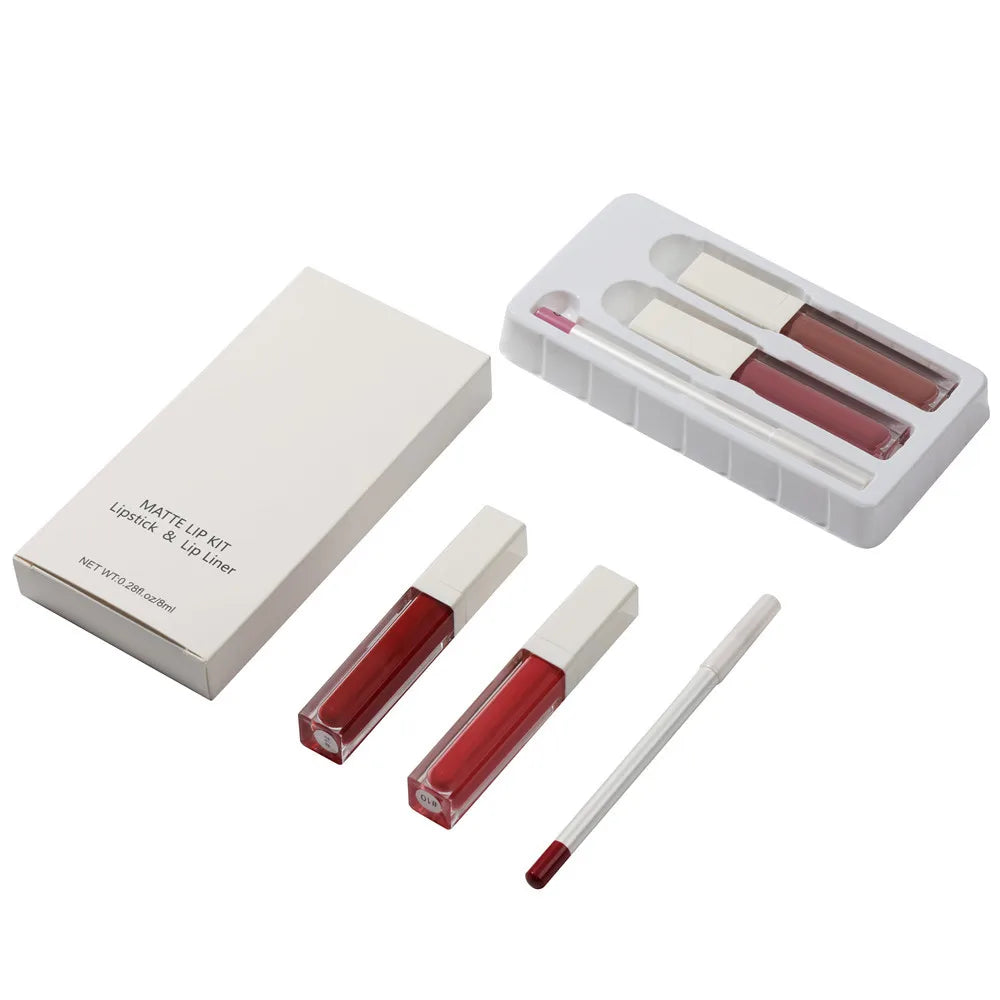 new style 8 colors non-stick cup matte lip gloss lipliner pencil long lasting 3 in 1 set matte lip kit lipstick lip line