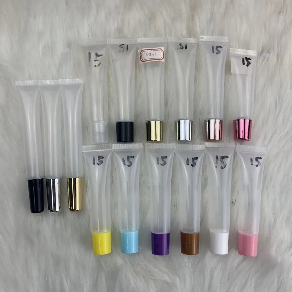 empty 15ml plastic clear lip balm bottle packaging 15 ml lipgloss squeeze tube for lip gloss with gold silver top cap