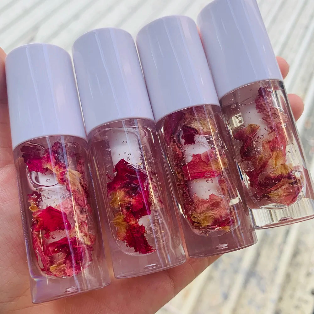 dry flower glossy lip oil balm moisturizing hydrating flavoring organic vegan clear pink lipgloss lip gloss