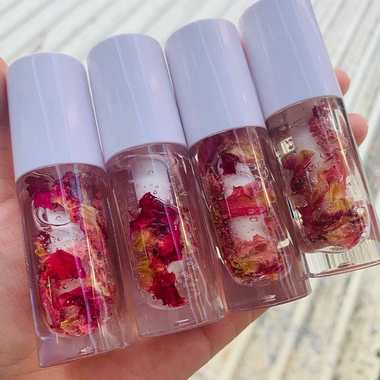 dry flower glossy lip oil balm moisturizing hydrating flavoring organic vegan clear pink lipgloss lip gloss