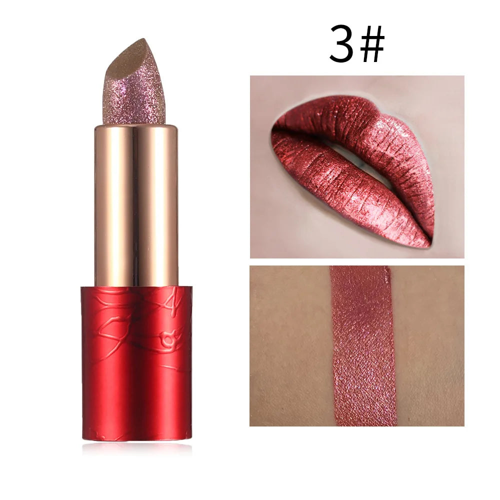 long-lasting pigmented pearl lipstick with diamond glitter waterproof metallic finish solid lip stick