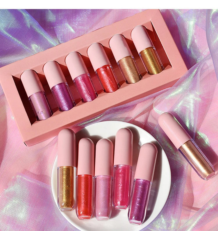 mini cute pink round shaped lipgloss waterproof long-lasting 6colors gift set cosmetics makeup lip tint lip gloss set