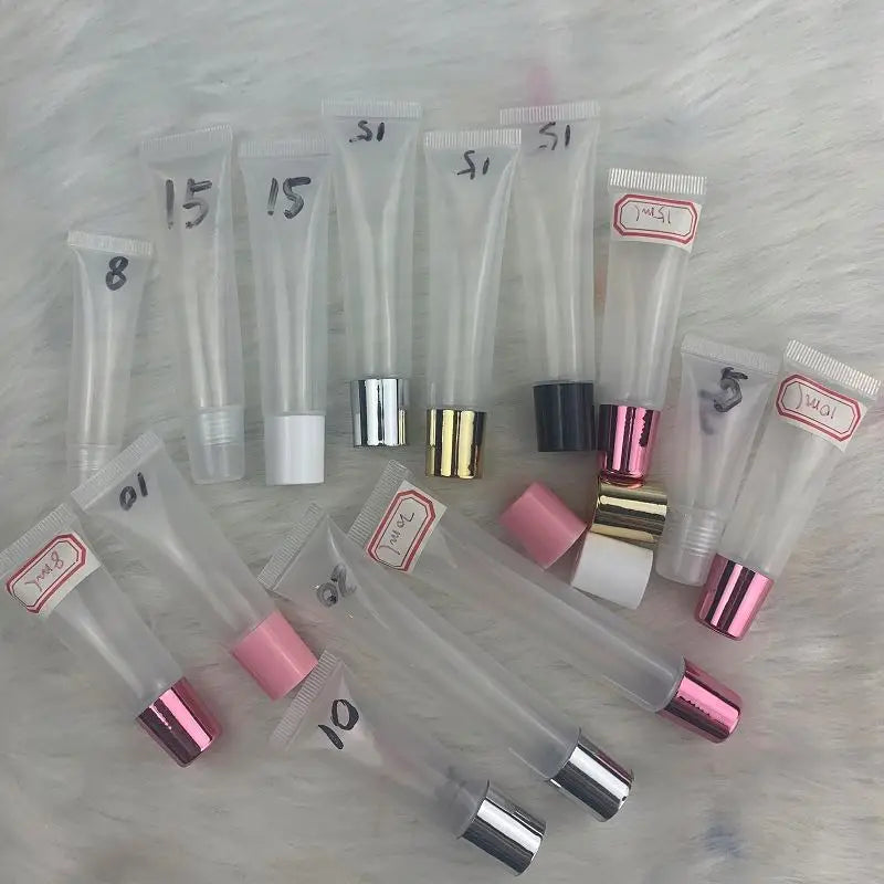 empty 15ml plastic clear lip balm bottle packaging 15 ml lipgloss squeeze tube for lip gloss with gold silver top cap