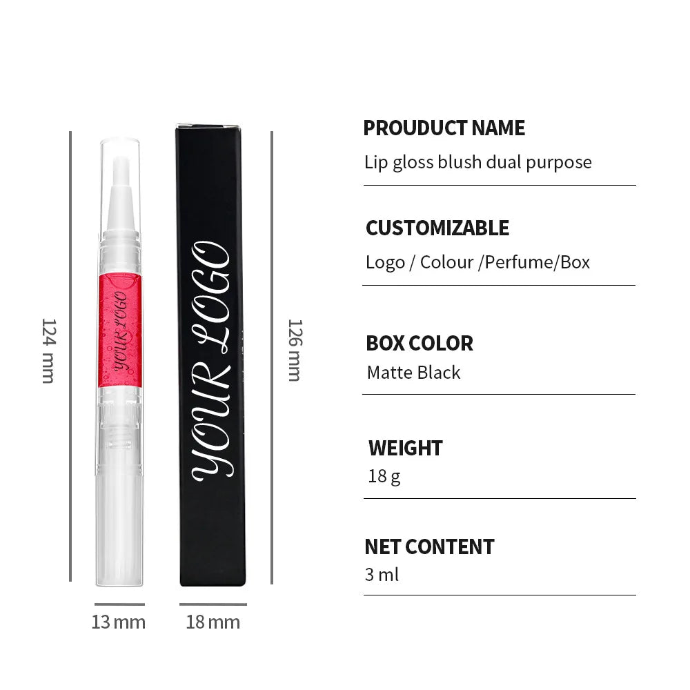 popular style cosmetics 3 colors clear tube long lasting waterproof high pigmented 2 in 1 lip gloss blush