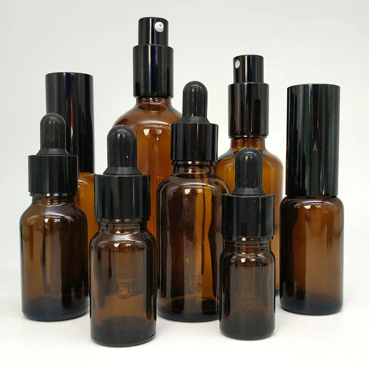 amber brown clear matte black oblique shoulder essential serum oil glass dropper bottle 1oz 15ml 30ml 50ml 120ml