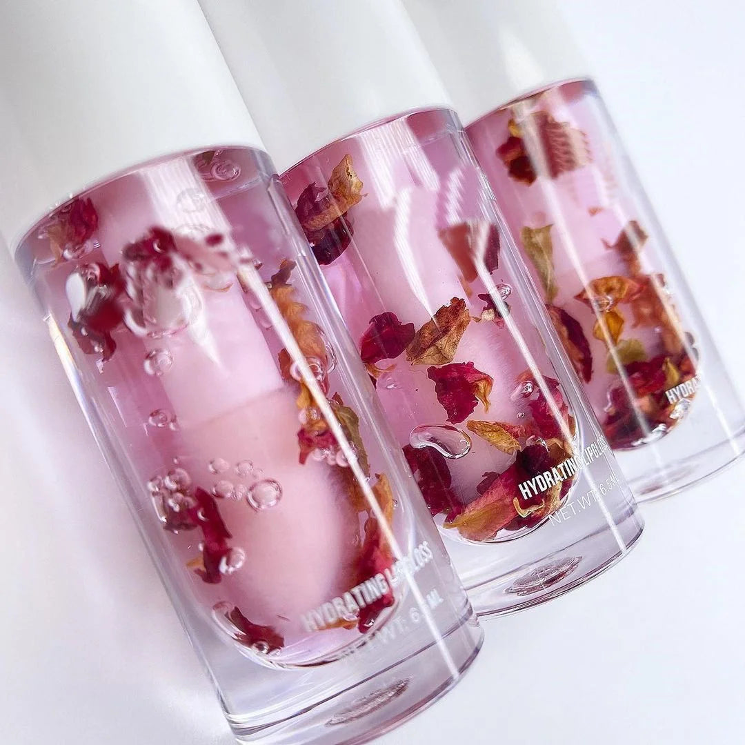 dry flower glossy lip oil balm moisturizing hydrating flavoring organic vegan clear pink lipgloss lip gloss