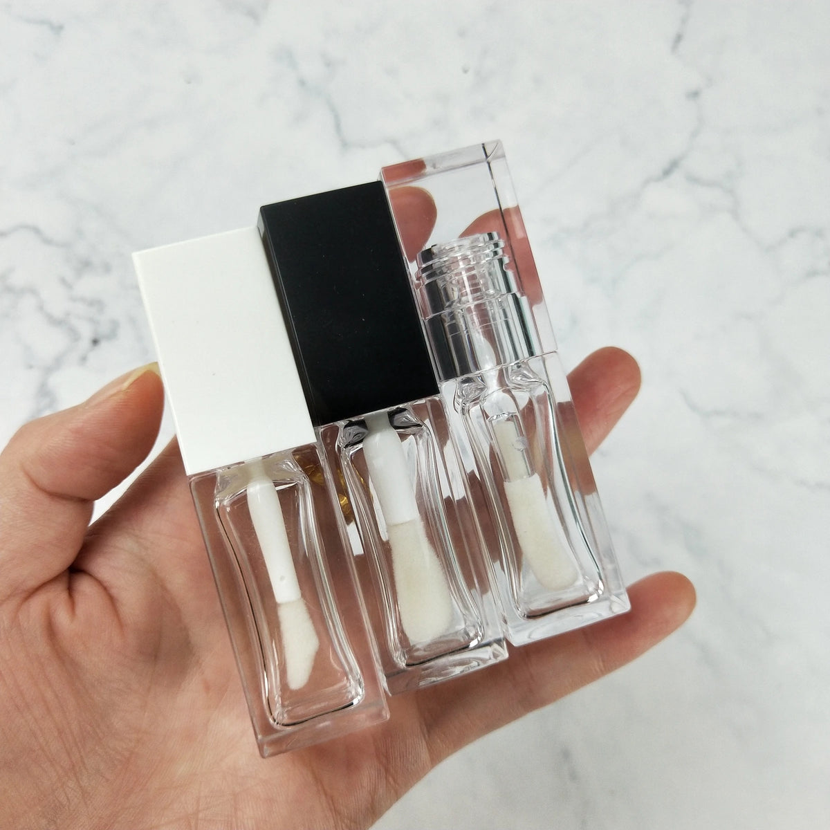 empty large big brush applicator transparent packaging clear black white lipgloss tubes