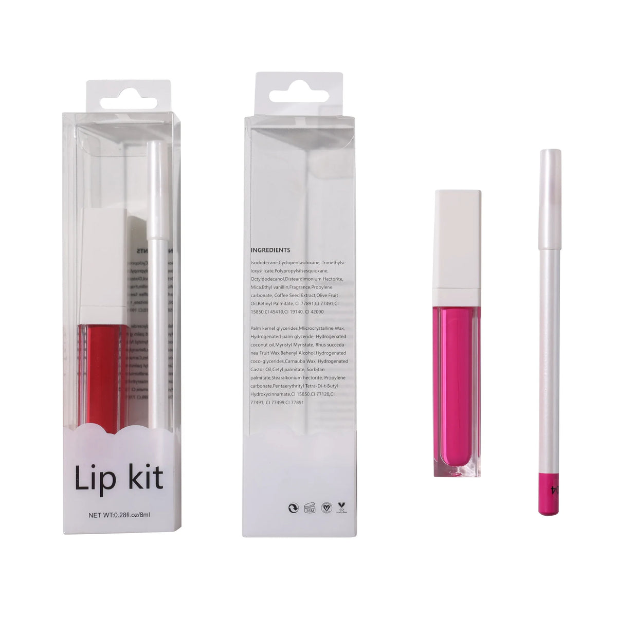 hot selling lip set makeup clear case square tube lip gloss white lip pencil set waterproof non-transfer 2 in 1 lip kit