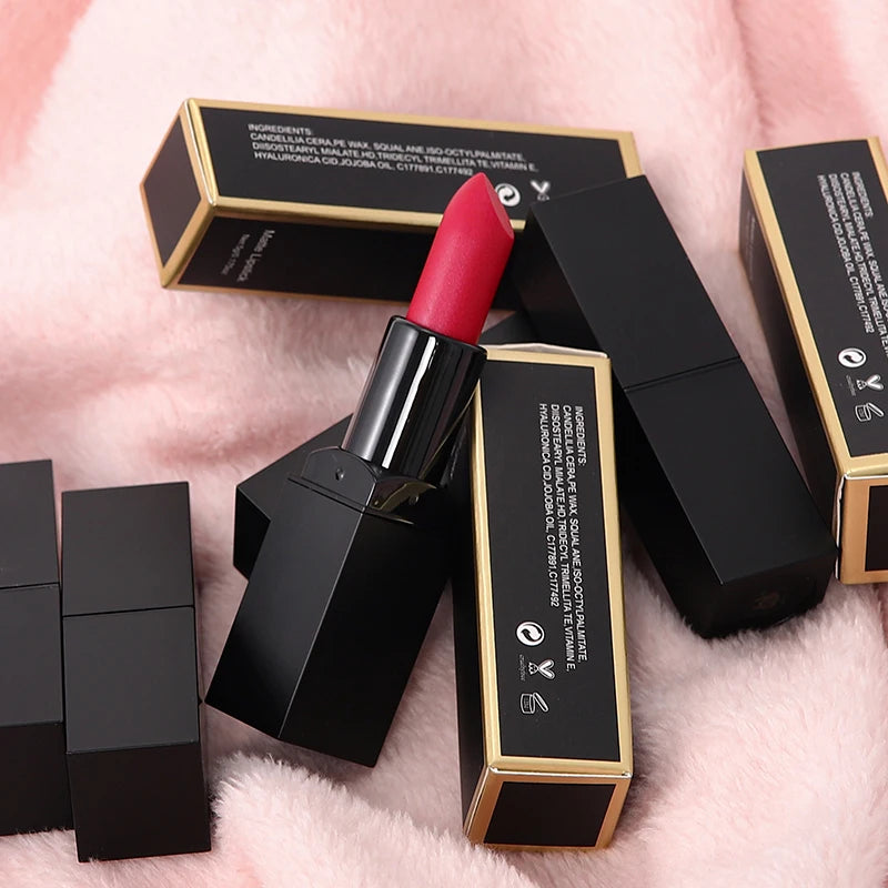 cosmetics black square tube vegan organic waterproof long lasting makeup creamy nude matte lipstick
