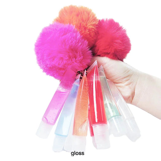 10 colors vegan lipgloss oil pink base keychain vendors clear lip gloss keychain with pompom