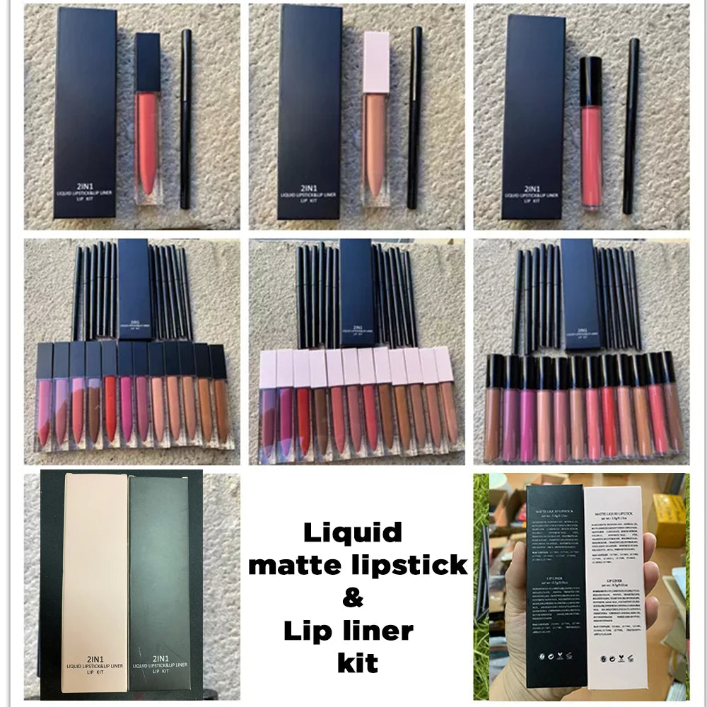 lipstick vegan waterproof matte lip gloss liquid lipstick lip kit lip liner set with pink black package