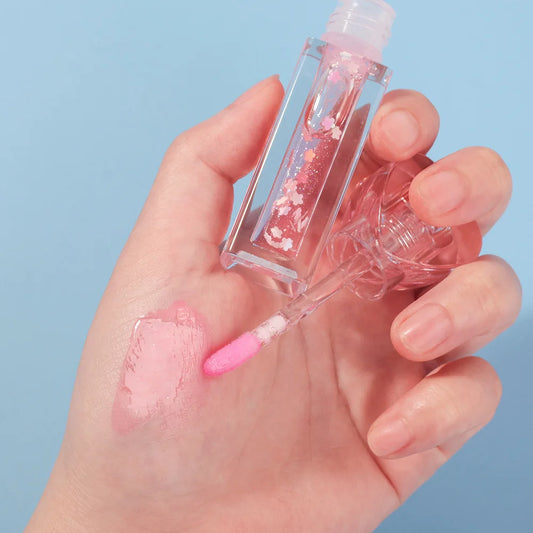 Hot Sale Pink Heart Shaped Lid Lip Gloss with Pearl Shimmer Glitter Vanilla Moisturizing Color Changing Filler Lip Oil