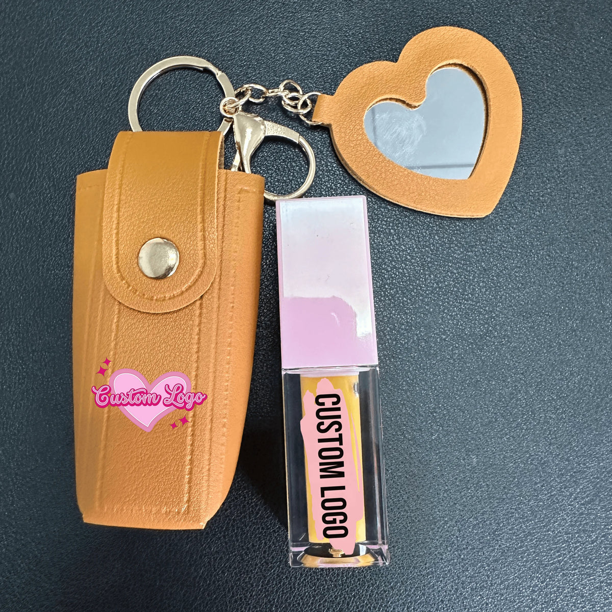 Hot Selling Cute Lipstick Case PU Leather Key Chain with Mirror Lip Oil Bag for Lip Gloss Storage