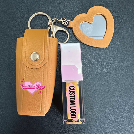 Hot Selling Cute Lipstick Case PU Leather Key Chain with Mirror Lip Oil Bag for Lip Gloss Storage