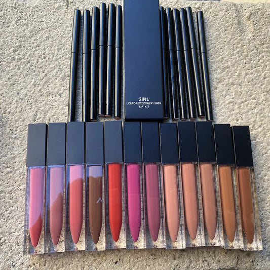 Hot Selling High Quality Matte Liquid Lipstick Set With Lip Liner Makeup Customized Logo Waterproof Matte Lip Gloss Lip Kit Sets