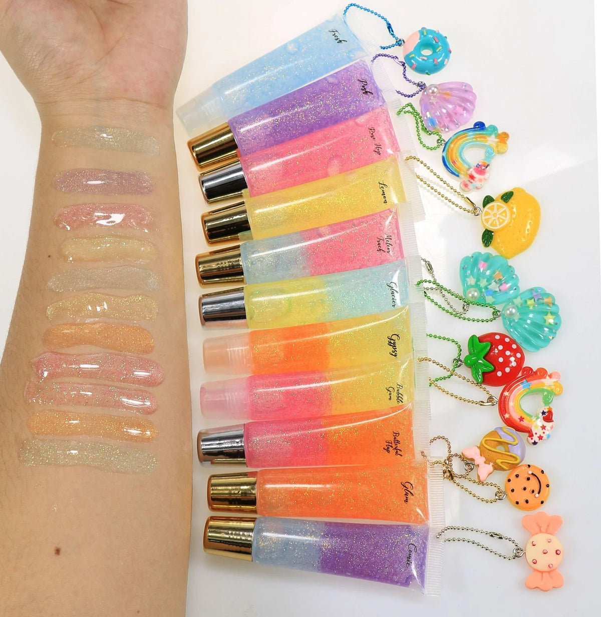 Lipgloss Manufacturer Water Base Liptint Plumping Private Label Fruit Shimmer Glitter Lip Gloss for Girls Keychain Squeeze Tube