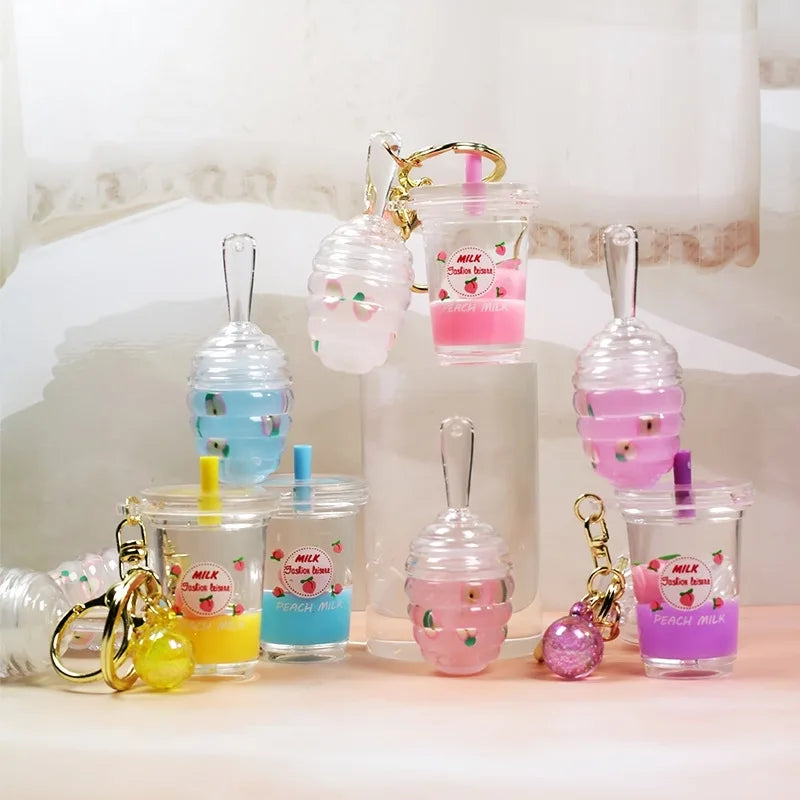 New Arrival 5 Colors Peach Milk Tea Cup Lip Gloss Moisturizing Honey Lip Oil Lip Gloss with Keychain