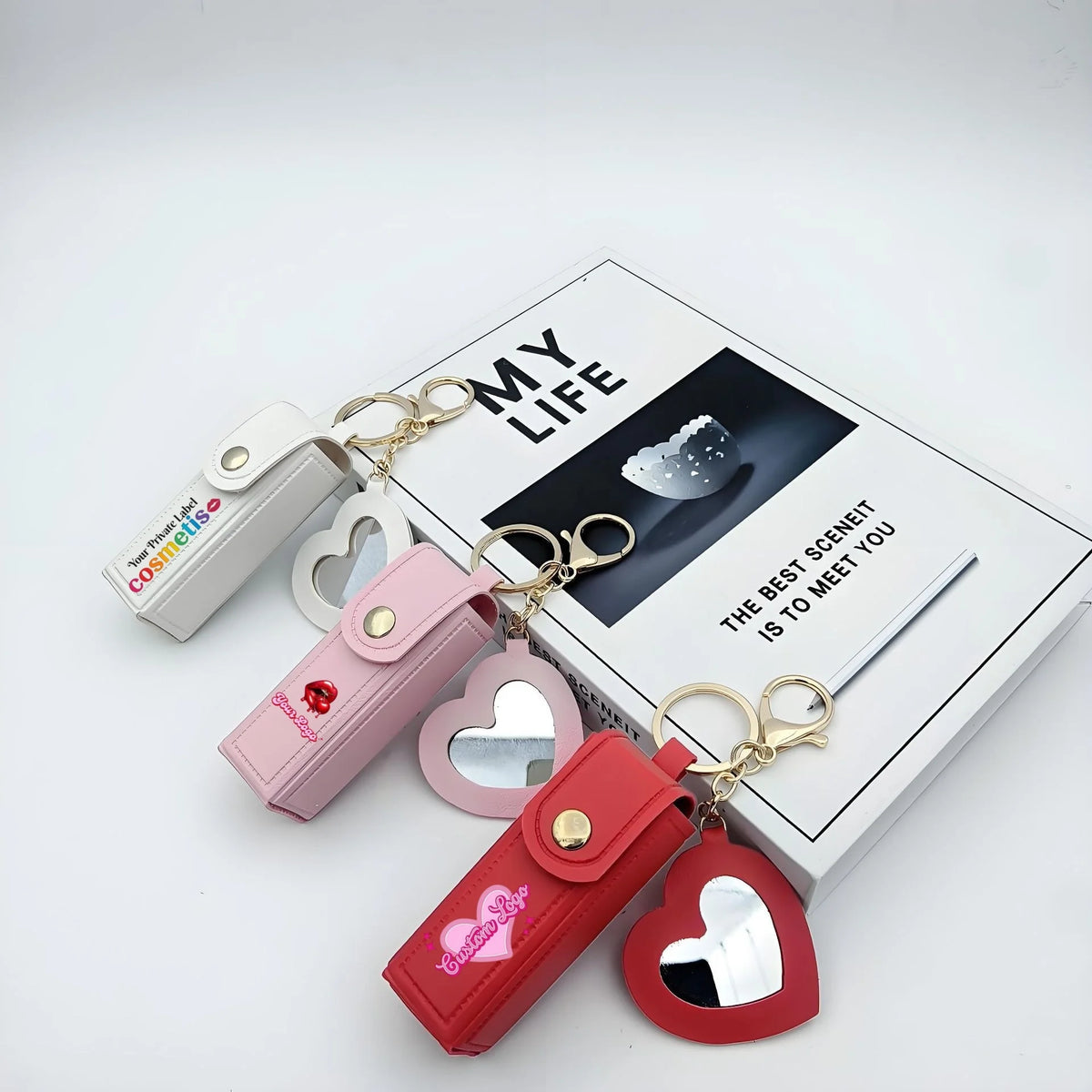 New Arrival Custom Logo Leather Lip Gloss Bag PU Leather Bag Portable Lip Gloss Bag with Heart Mirror