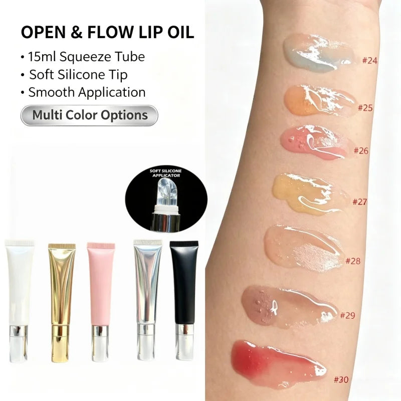 Private Label 15ml Squeeze Tube 54 Colors Lip Oil with Soft Silicone Tip Applicator Moisturizing Hydrating Lip Oil Wholesale