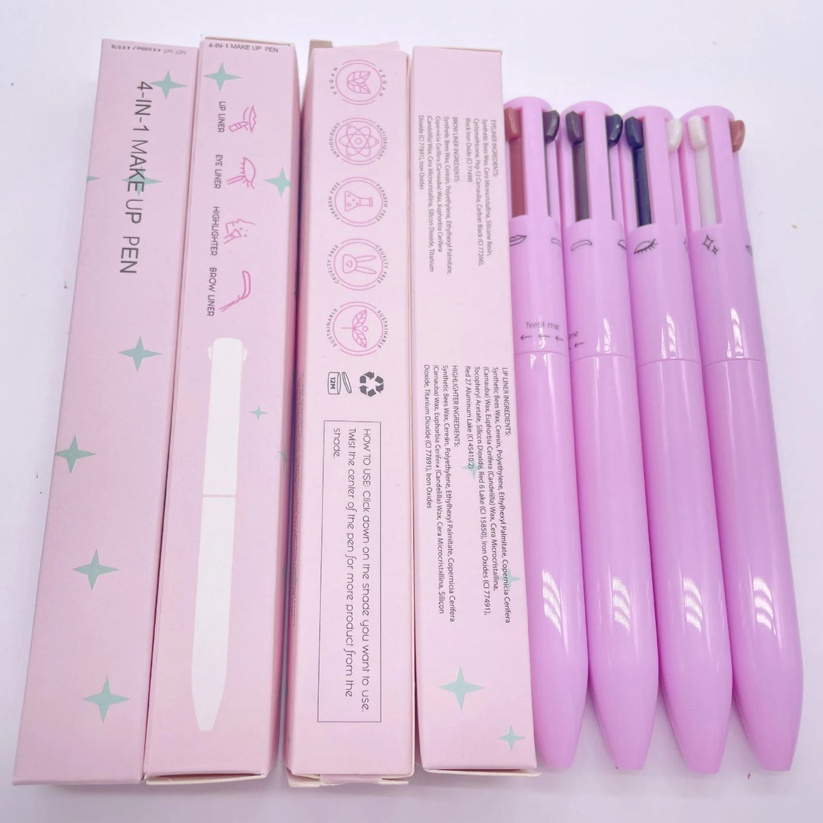 Private Label Cosmetics Twist pink Lip Liner Eyebrow Pencil Eyeliner Highlighter 4 in 1 Makeup Pen
