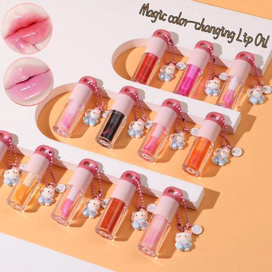 Vegan Glossy Lip Gloss Keychain 12 Colors Makeup Tinted Lip Oil with Key Chain Magic Moisturizing Color Changing Lip Oil