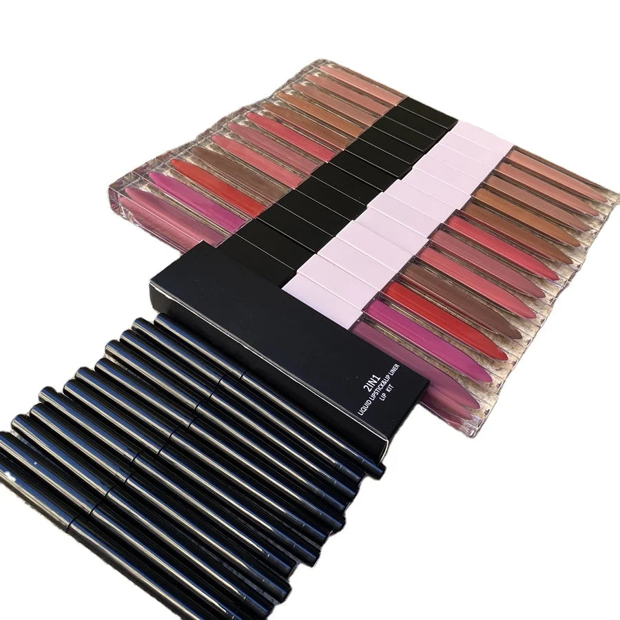 Wholesale 12 Colors Waterproof Matte Lipstick Lip Liner Kit Custom Logo Makeup Lipstick Lipliner Set Private Label