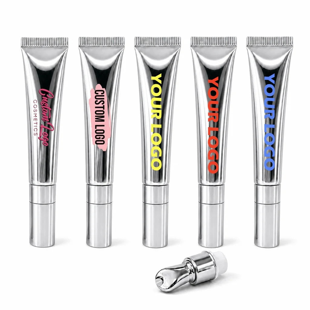 Wholesale Customize logo Lip Oil Lip Care Oil Sliver Metal Applicator Squeeze Tube  Lip Balm  Lip Plumper Oil Hydrating Lip Oil